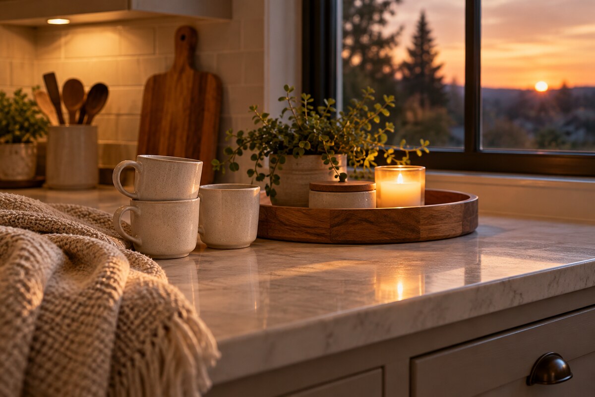 A stack of plain mugs and a folded throw on a kitchen counter in warm evening light
