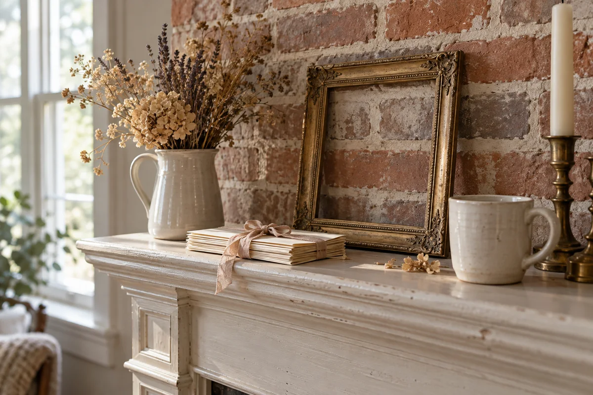 An old photo frame propped on a mantel beside a stack of wedding invitations and a mug.