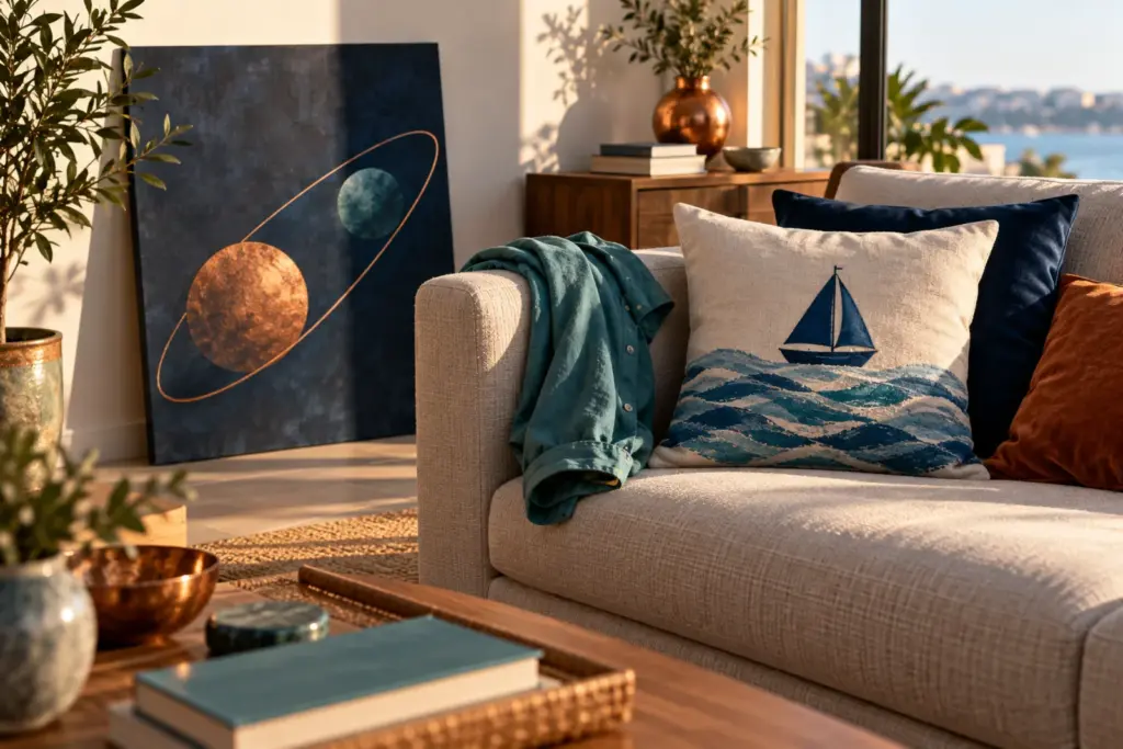 A sailboat cushion, a space-themed canvas print and a trail shirt in a bright apartment.