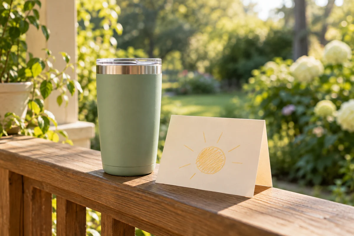 A matte tumbler and a blank card resting on a porch rail in morning light.