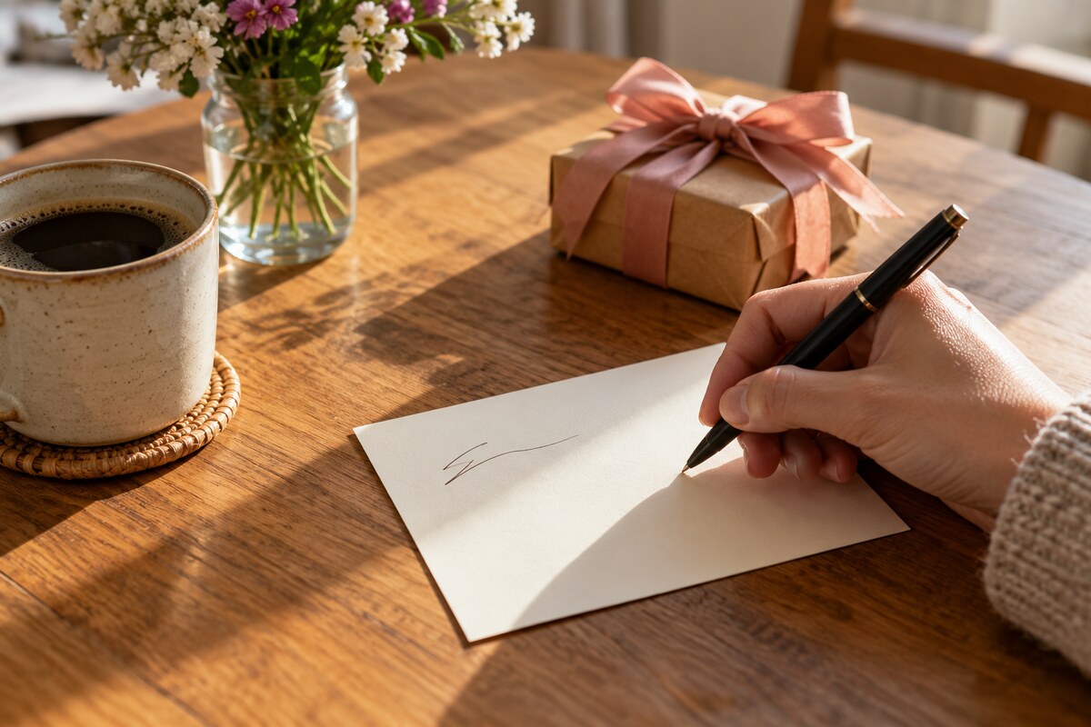 A hand holding a pen above a blank card with a mug of coffee and a wrapped gift nearby