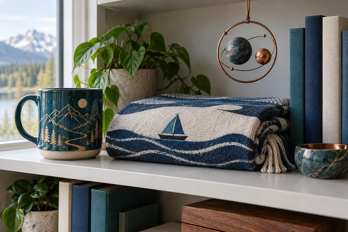 A mug, a folded blanket and a small hanging ornament on a bookshelf.