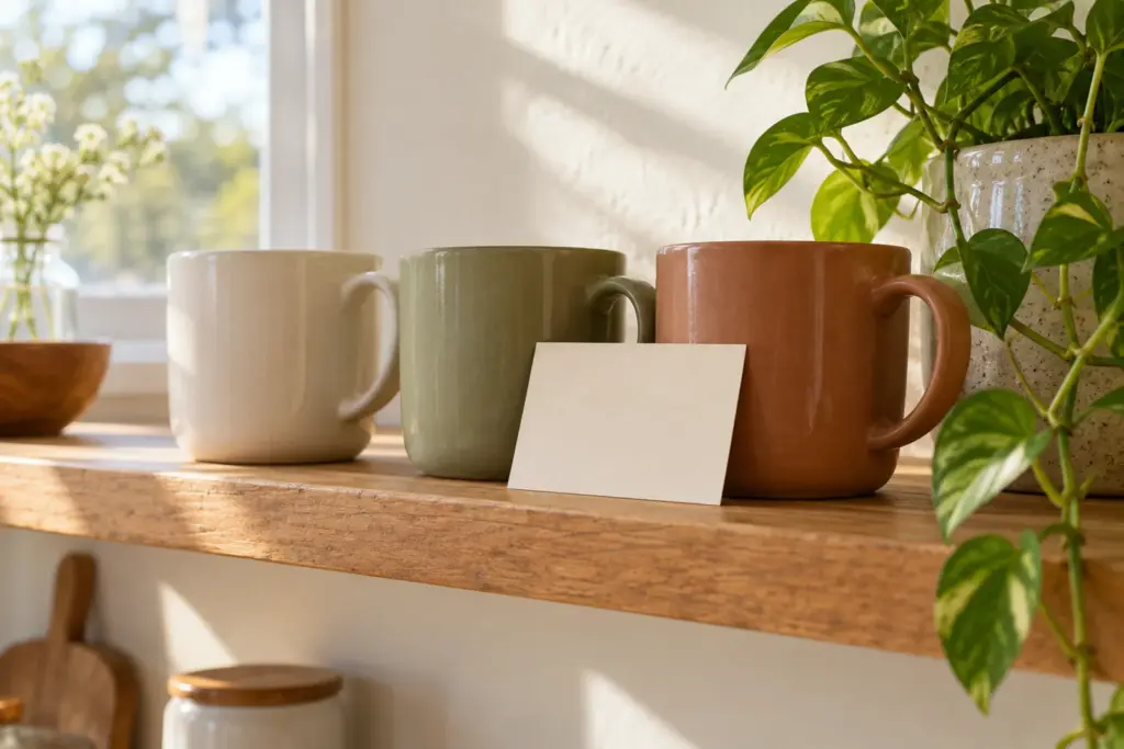 Three mugs lined up on a shelf with a blank card leaning against the middle one.