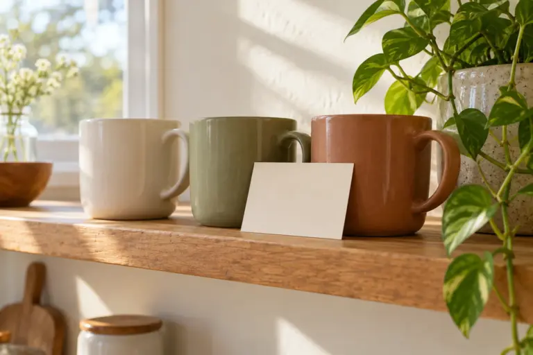 Three mugs lined up on a shelf with a blank card leaning against the middle one.