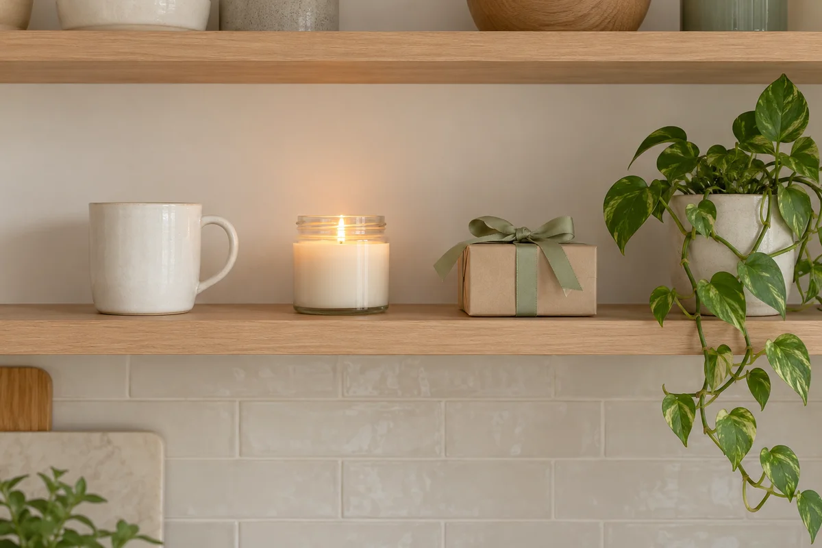 A mug, a candle and a small gift box on a tidy open kitchen shelf with plenty of empty space.