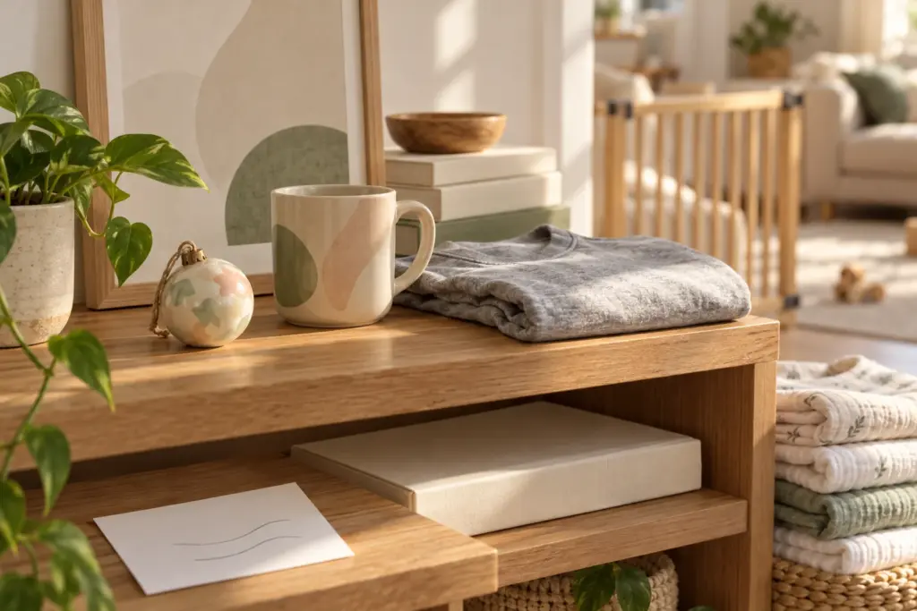 A round ornament, a mug and a folded gray tee on a shelf with a baby gate behind.