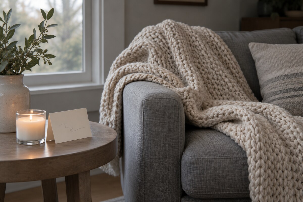 A knitted throw and candle on a sofa beside a blank folded card