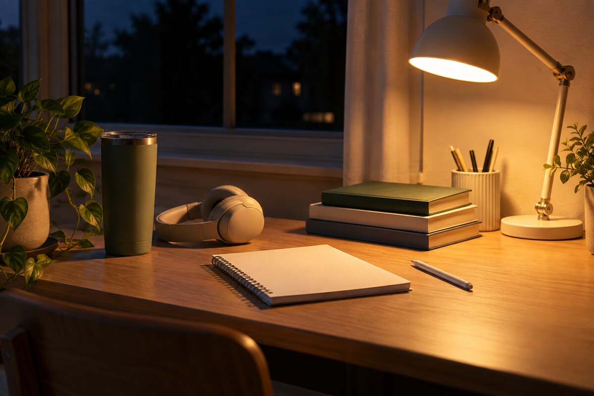 A teenager's desk with a tumbler, headphones and a stack of textbooks