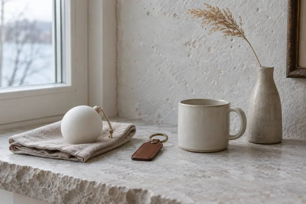 Three small plain objects in a row on a stone shelf: an ornament, a keychain and a mug.