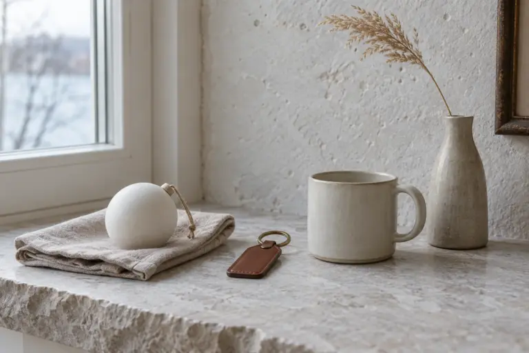 Three small plain objects in a row on a stone shelf: an ornament, a keychain and a mug.