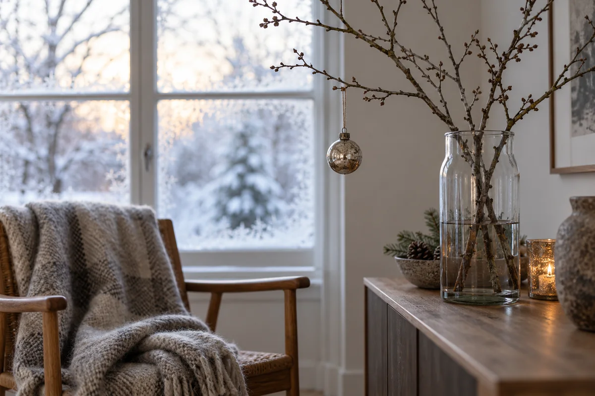 A small ornament hanging on a bare branch in a vase beside a lit window and a folded blanket.