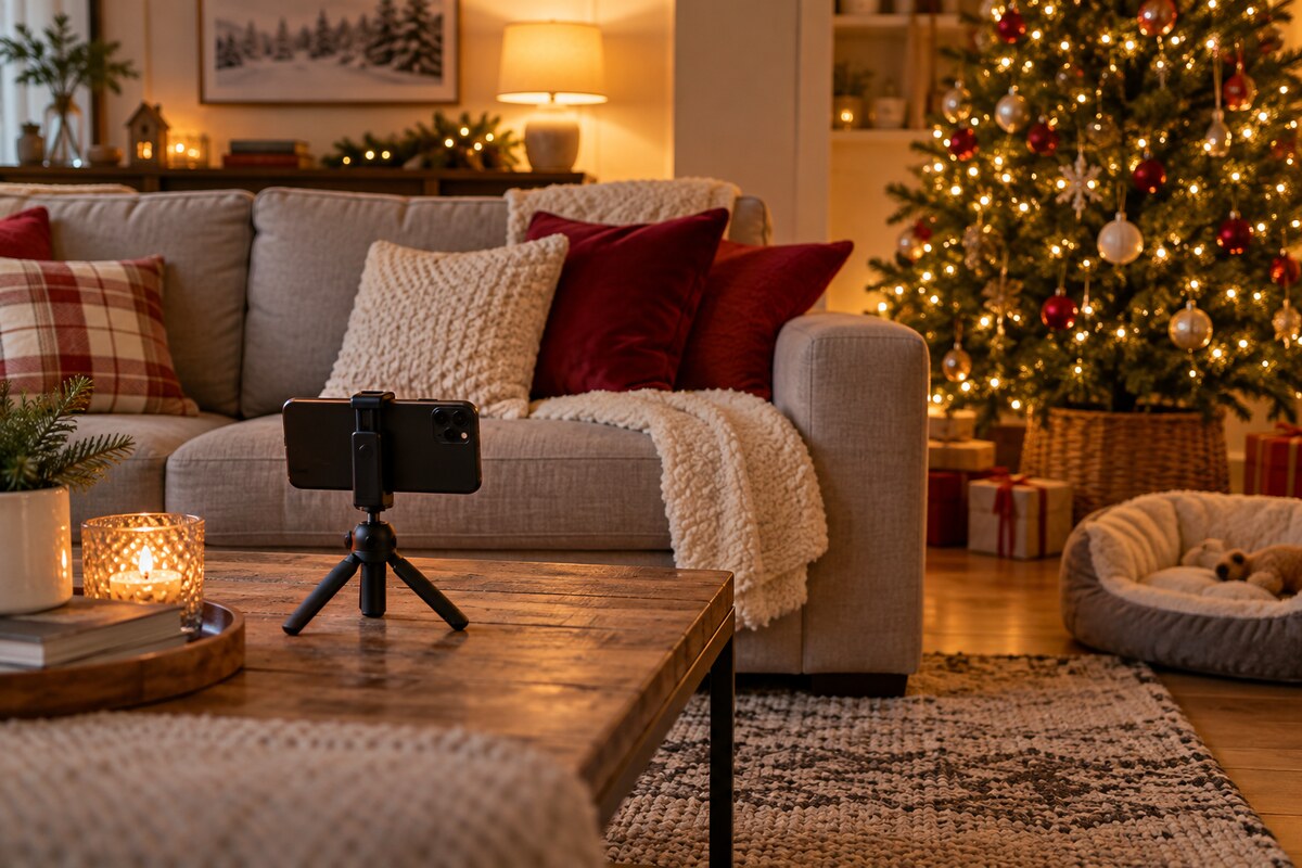 A phone on a tripod facing a sofa and Christmas tree with a timer ready for a group photo