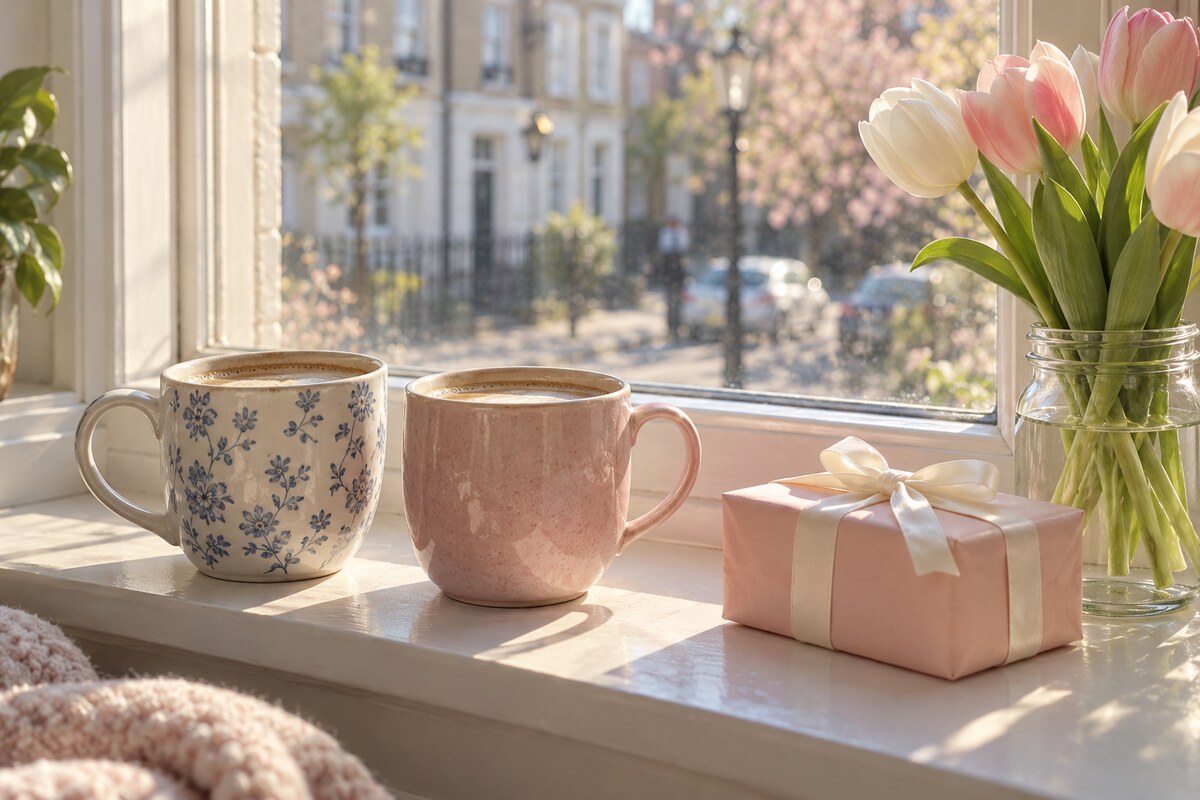 Two mismatched mugs and a pink-wrapped gift on a sunny windowsill