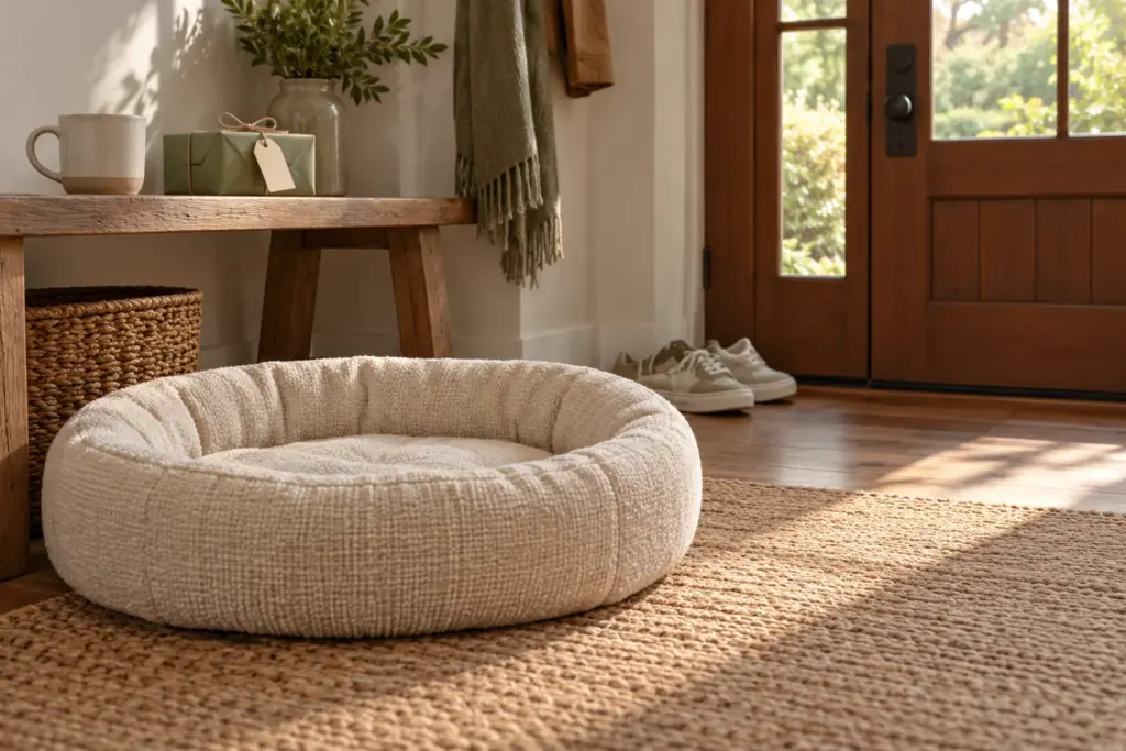 A plain mug, a wrapped gift and a new dog bed by a door, with a shawl hanging on the wall.