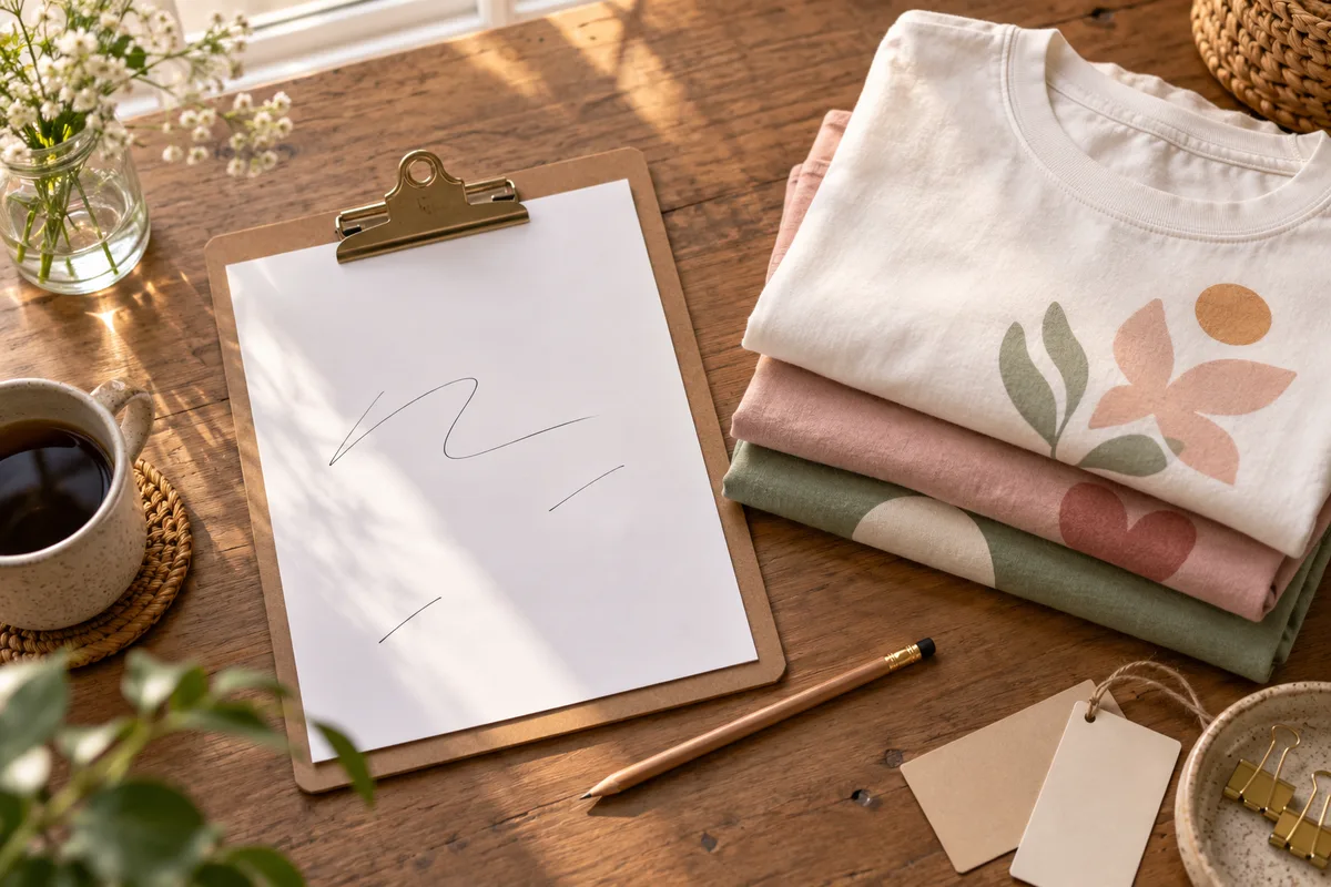 A flat lay of a clipboard beside folded tees in a neat stack