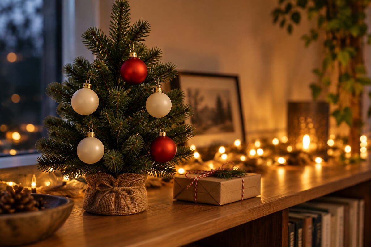 A small tabletop tree with a few ornaments and a wrapped gift on a shelf