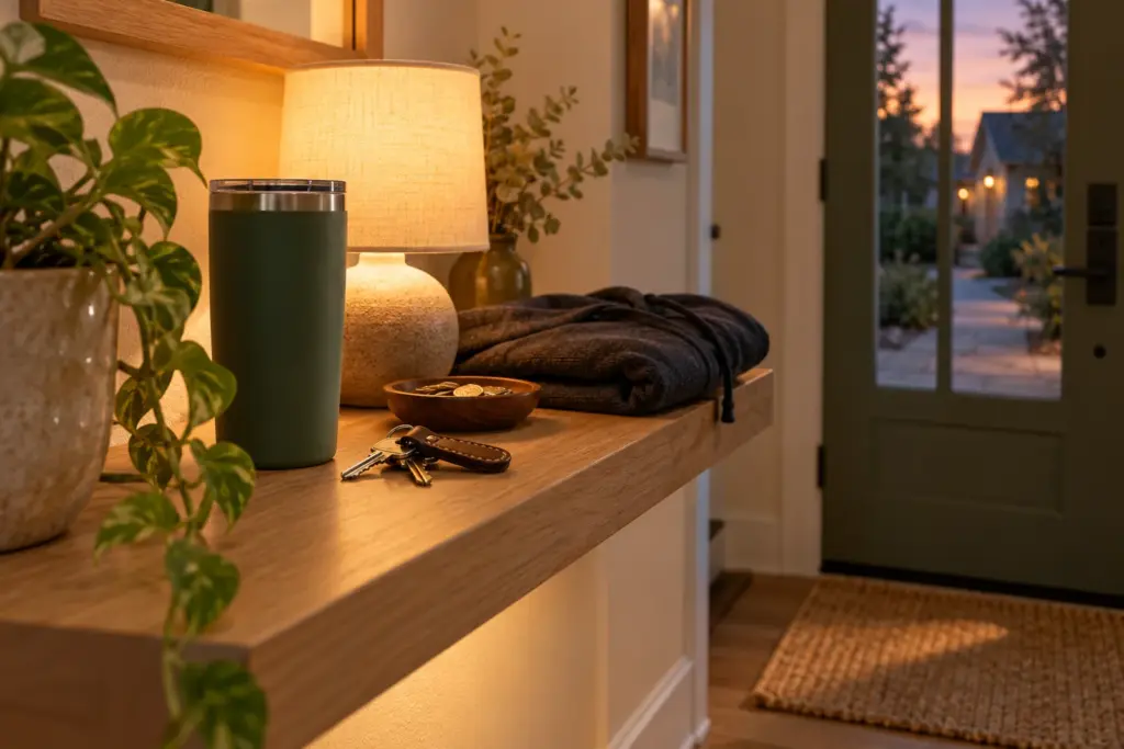 A matte tumbler, a folded hoodie and a set of keys on a hallway shelf by the front door.