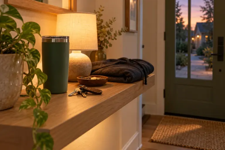 A matte tumbler, a folded hoodie and a set of keys on a hallway shelf by the front door.
