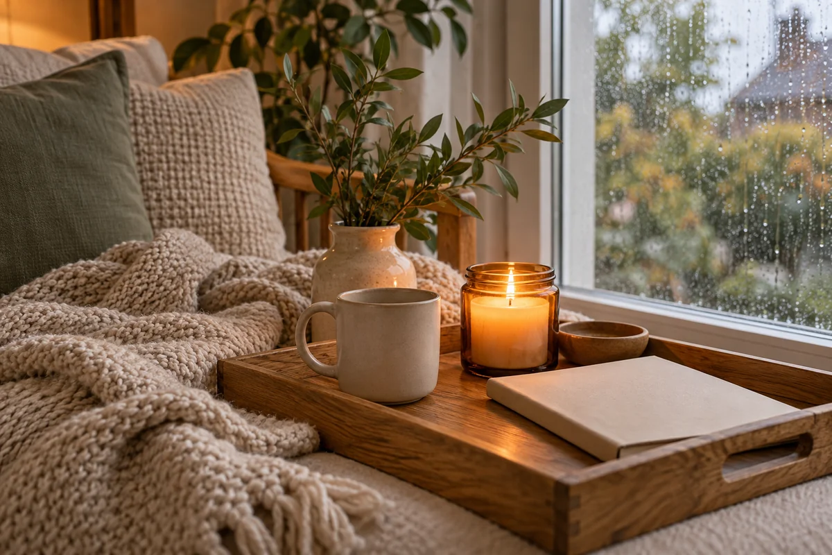 A lit candle and a mug on a tray beside a folded blanket.