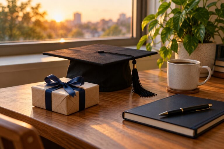 A graduation gift on a desk beside a cap, a notebook and a mug of coffee in warm afternoon light.