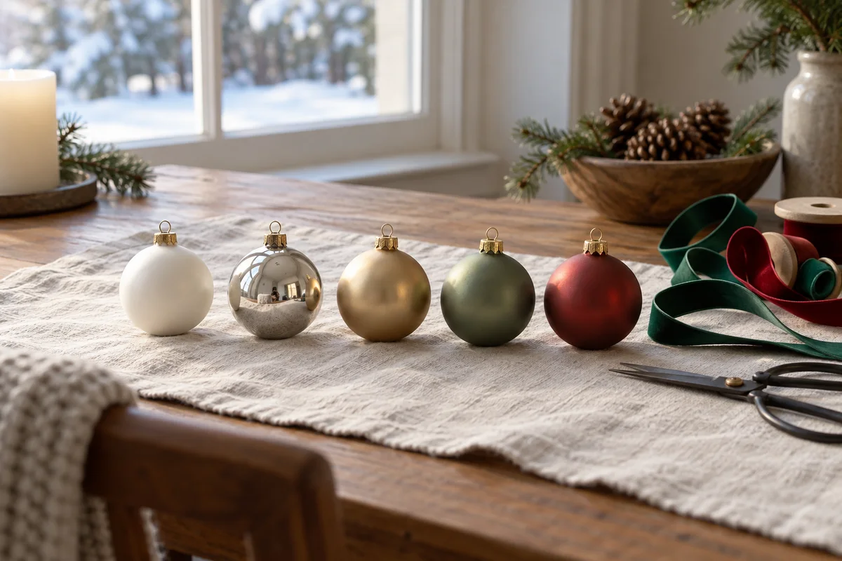 Five round tree ornaments in white, silver, gold, green and red lined up on a runner beside a spool of ribbon.