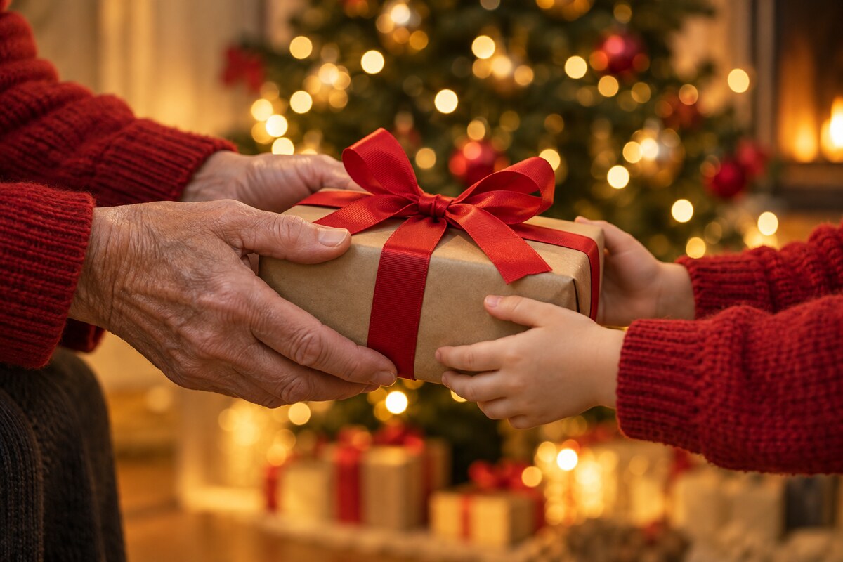 A grandmother's hands and a child's hands holding a wrapped gift together beside a tree