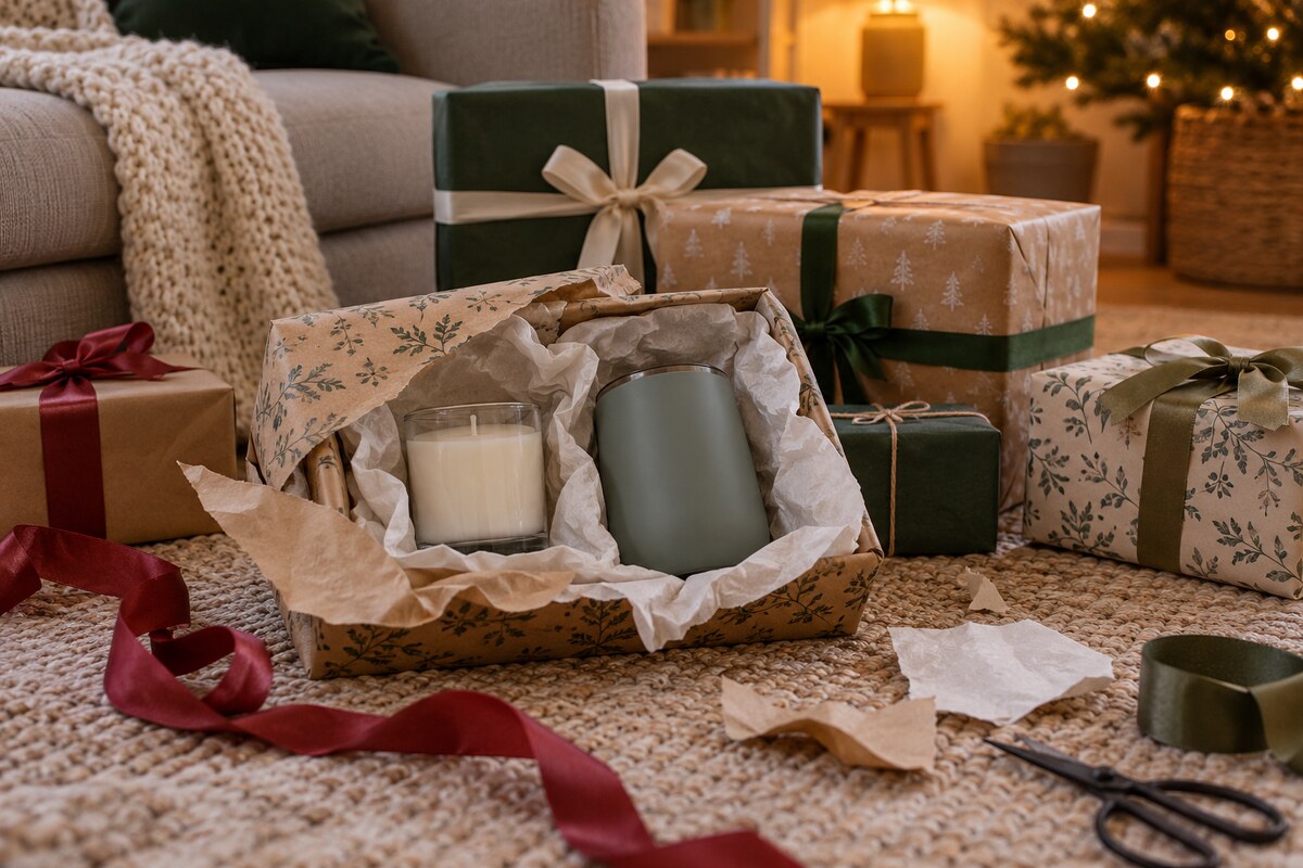 A white elephant gift pile with a candle in a jar and a tumbler wrapped in tissue paper