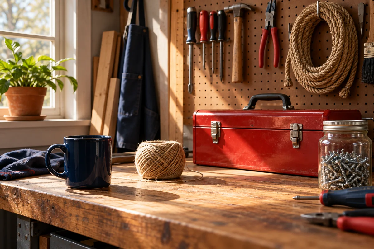 A garage workbench with a plain mug, a ball of twine and a toolbox lit by a single window.