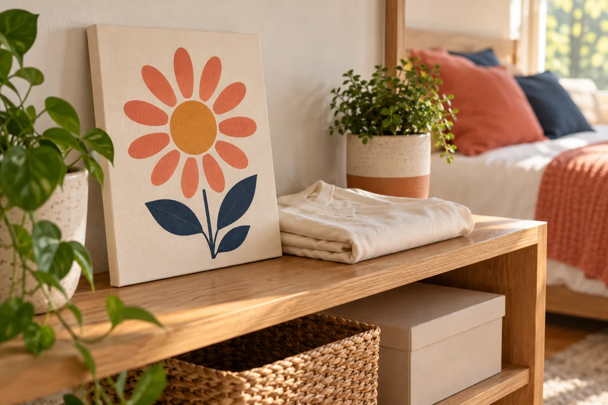 A canvas with a daisy-shaped sun motif leaning on a bedroom shelf beside a folded cream shirt.