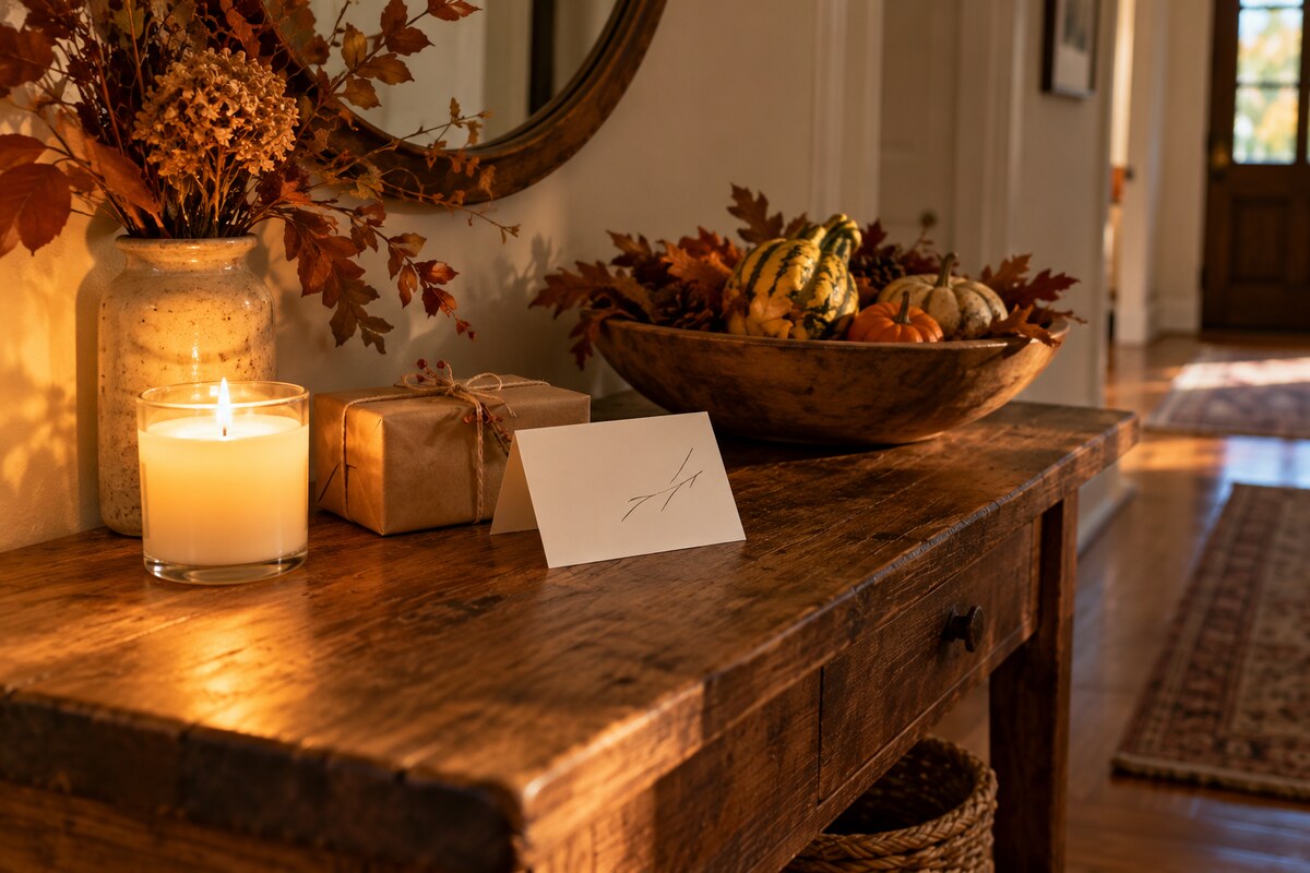 A small hostess gift of a candle and a card on a hall table beside a bowl of autumn leaves