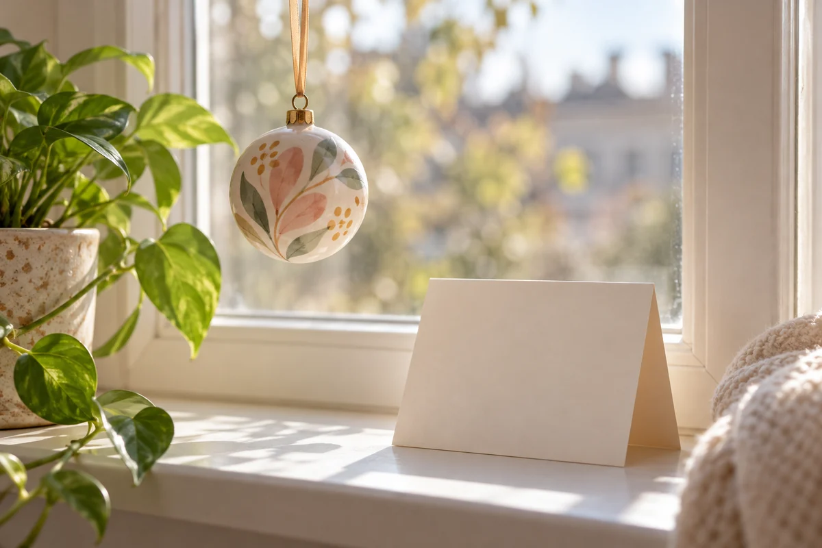 A small ornament hanging in a window beside a folded card