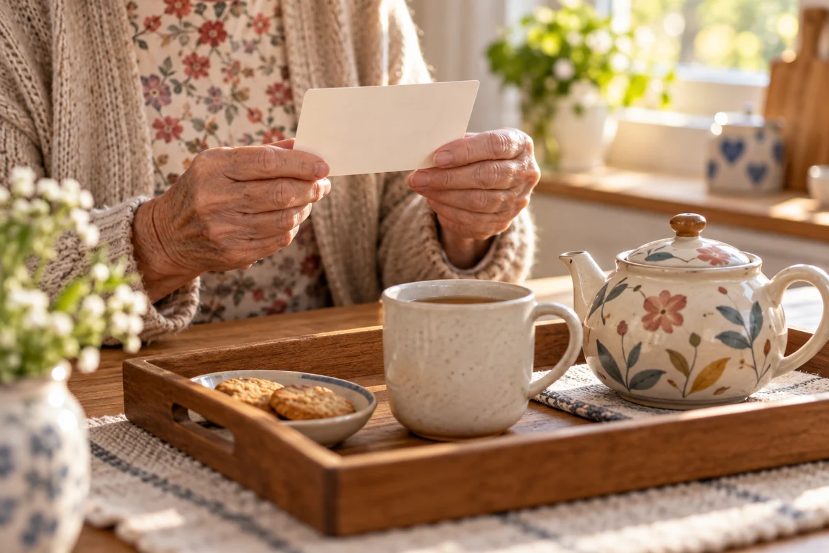 An older person's hands holding a blank card over a tea tray