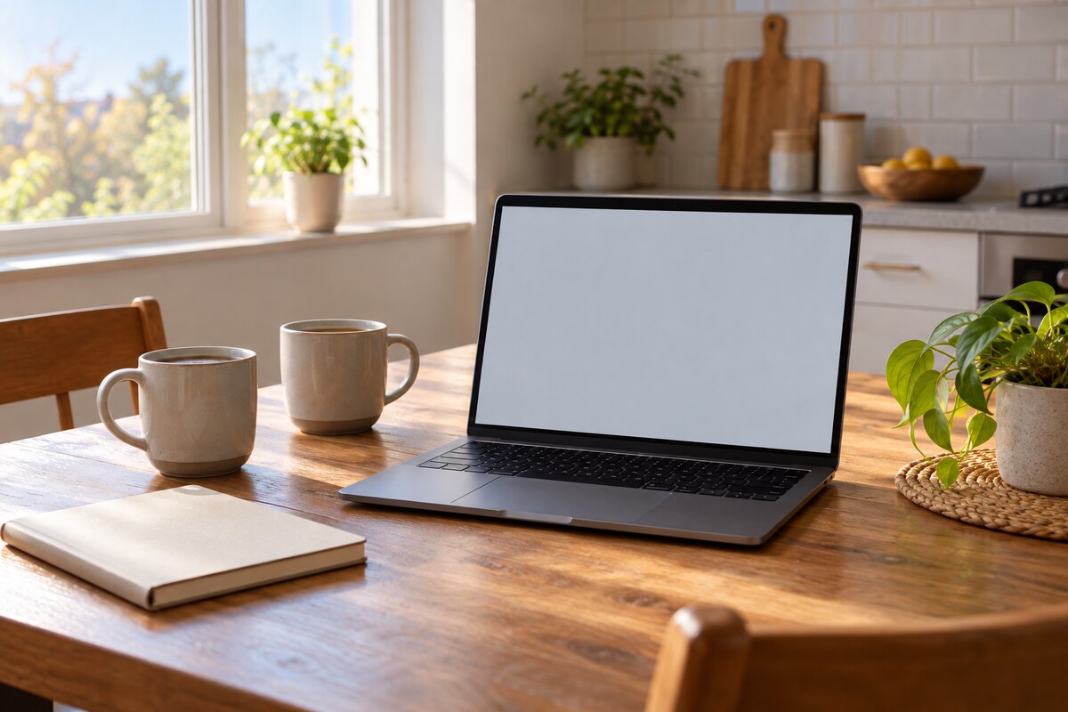 Two matching plain mugs on a table beside an open laptop and a closed notebook
