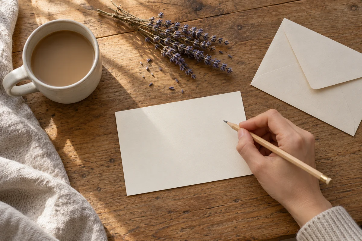 A hand writing on a blank cream card beside a plain mug and a pencil on a table.