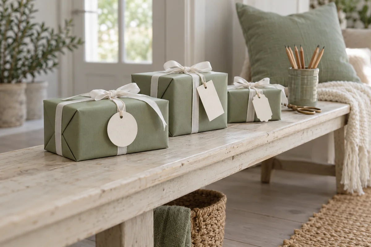 Three small gifts in matching plain paper with different blank tags on a bench.