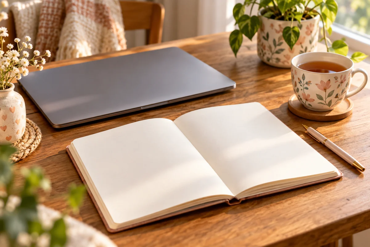 A notebook beside a laptop and a cup of tea