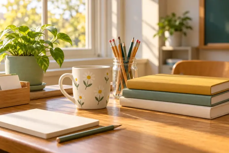 A classroom desk with a plain mug, a stack of closed notebooks and a small plant by a window