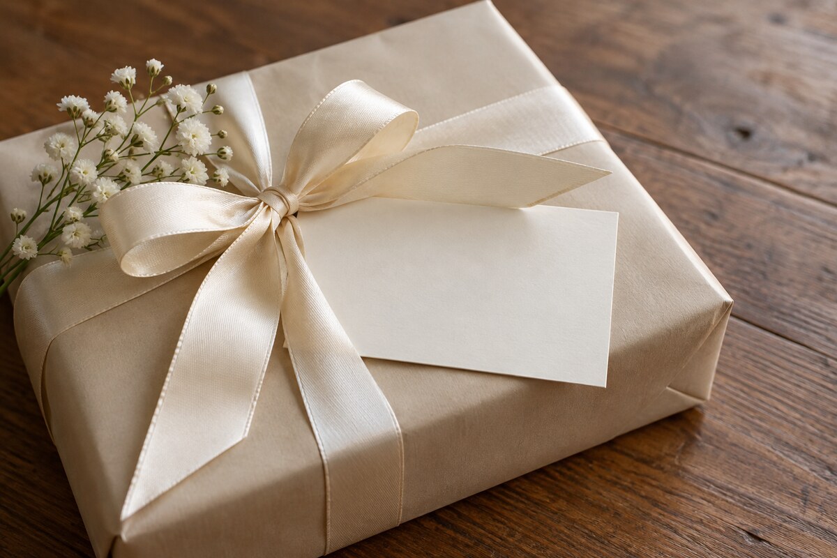 A blank cream card tucked under the ribbon of a cream wrapped gift with baby's breath on a table.