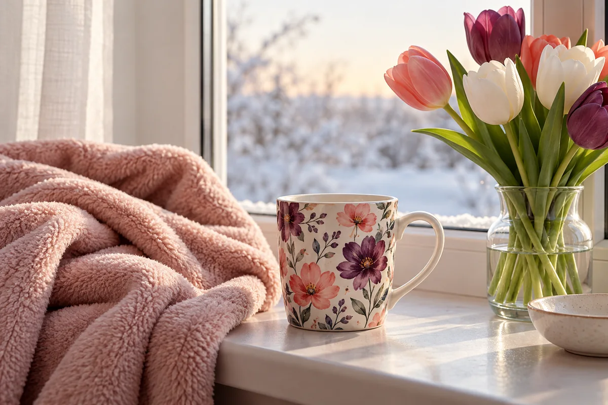 A mug and a folded blanket by a window, with soft coral light.