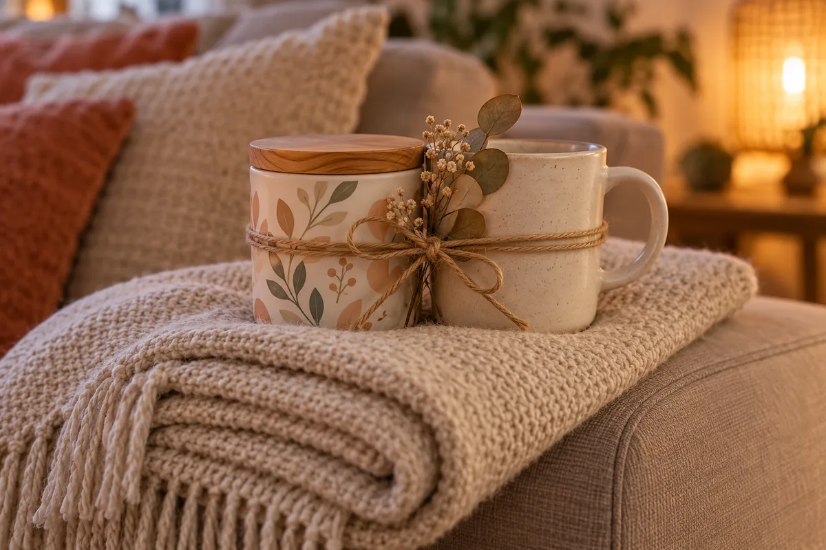 A small gift bundle with a candle and a mug on a folded blanket