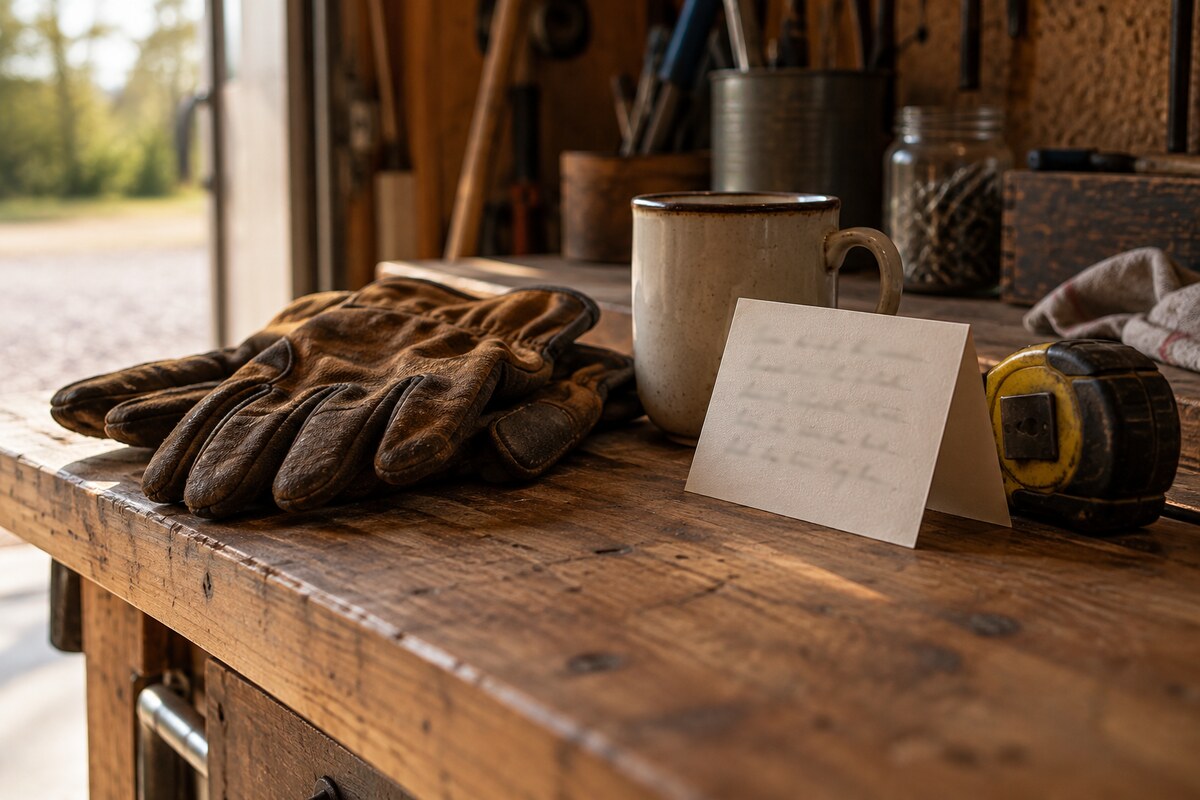 A pair of worn work gloves and a folded card on a bench beside a mug
