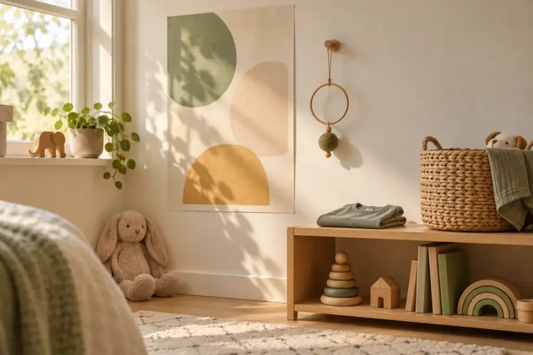 A toddler's room corner with a wall poster, a hanging ornament and a folded tee on a low shelf.