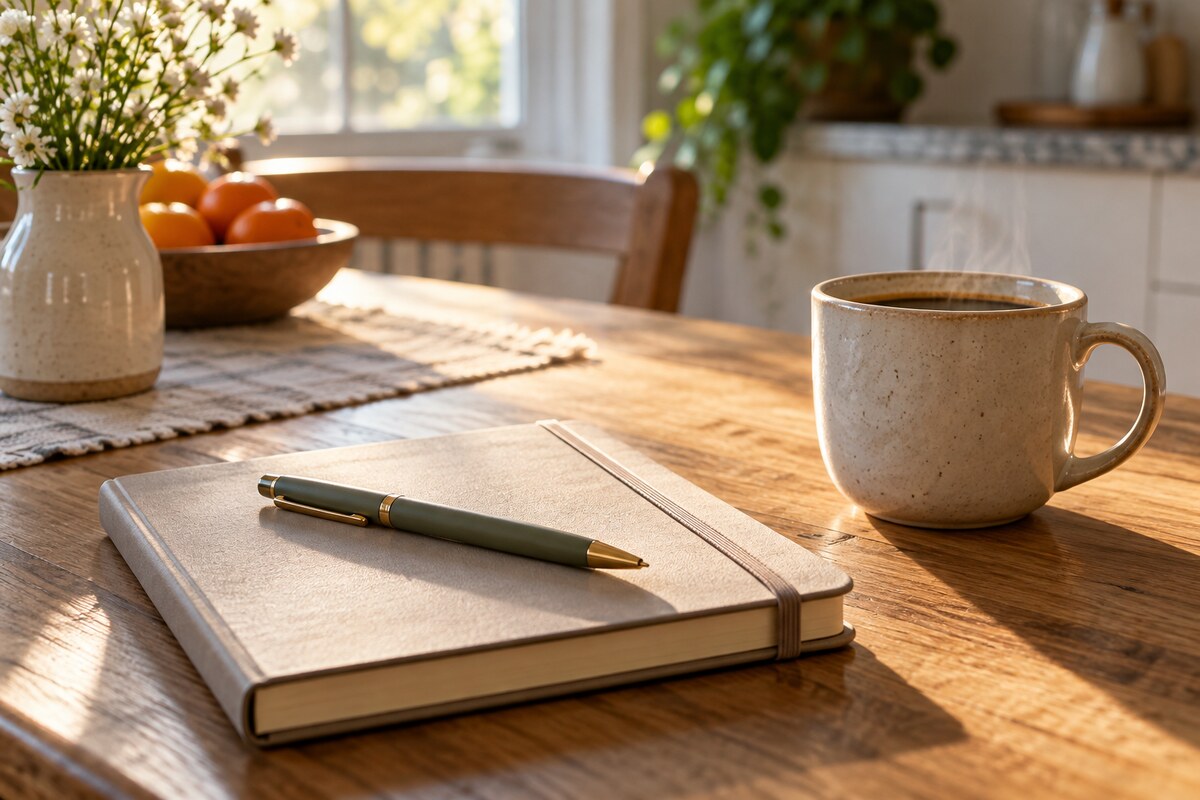 A closed notebook and a pen beside a cup of coffee on a kitchen table