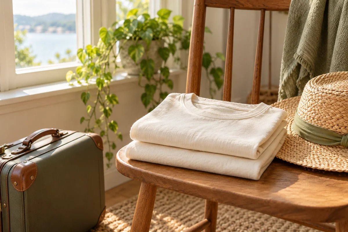 Two folded matching tees stacked on a chair beside a small suitcase and a straw hat.