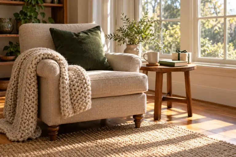 A mug, a knit throw and a small wrapped gift on an armchair by a sunny window.