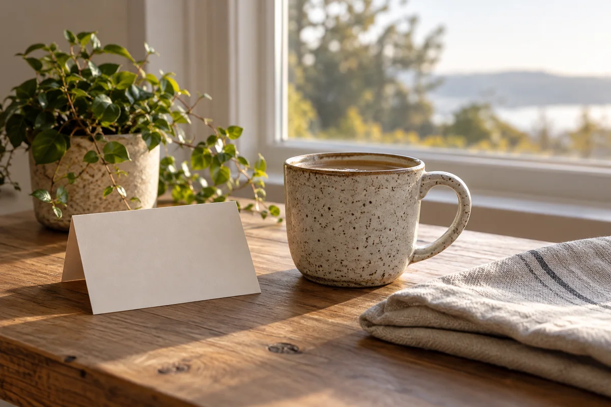 A speckled mug and a folded blank card on a table beside a window with a plant.