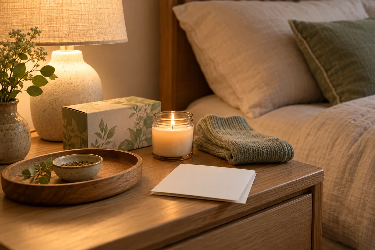 A candle, tea and socks arranged on a bedside table in warm lamp light.