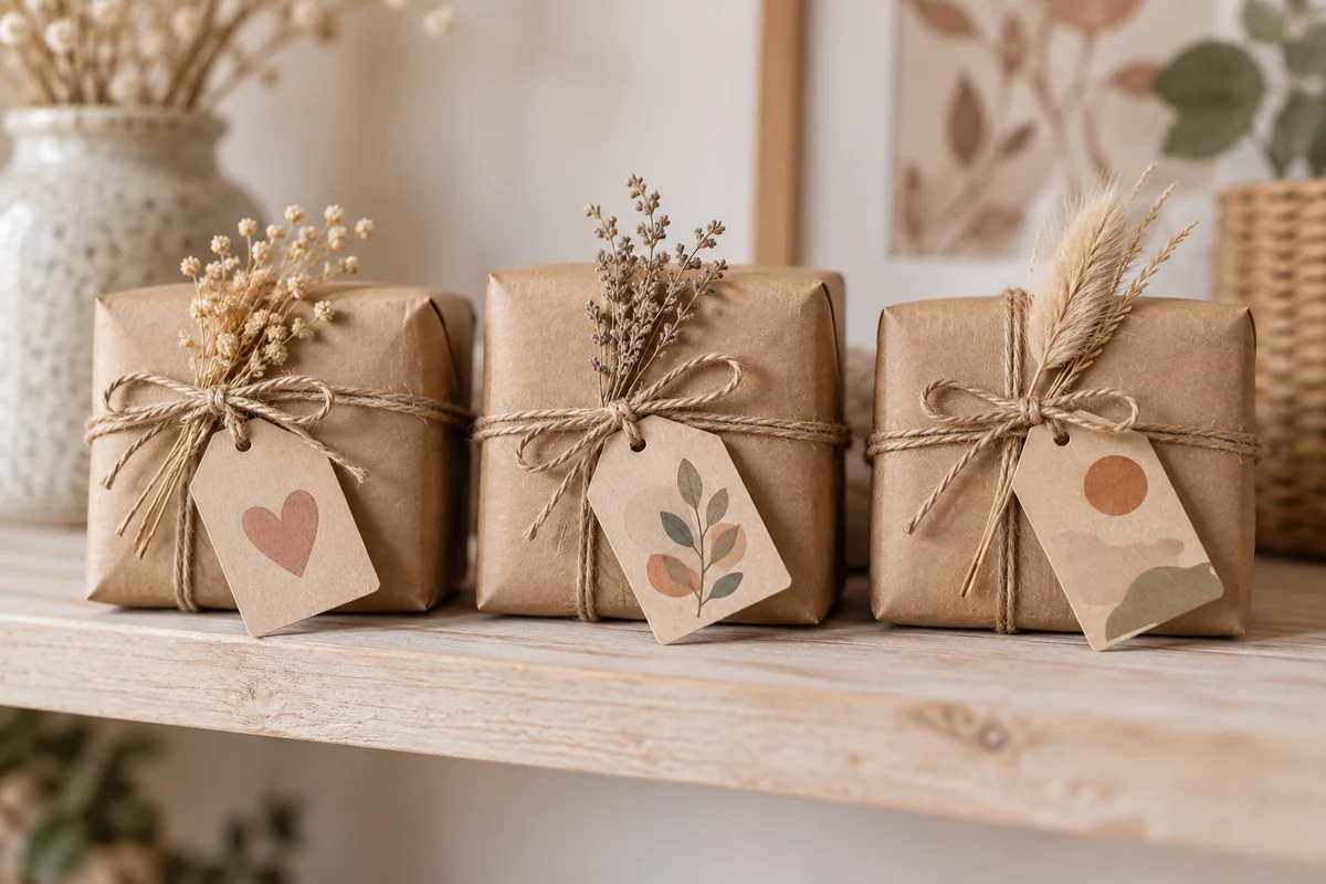 A row of three small wrapped gifts with matching hand-lettered tags on a shelf