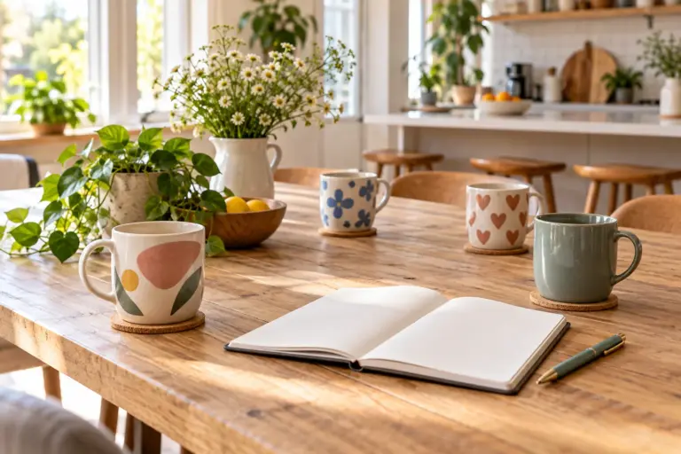 A group of mugs and a notebook with a pen on a shared table