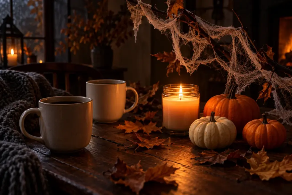 Two plain mugs, a candle and small pumpkins on a dark table.